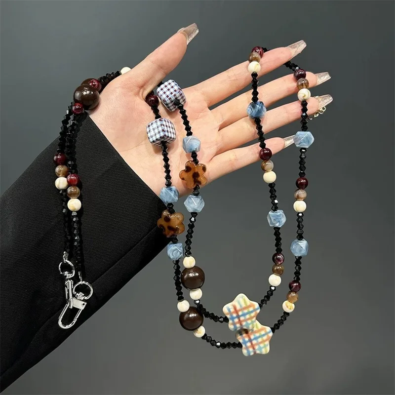 120cm Phone Lanyard Beaded Chain Strap Vintage Crossbody Mobile Phone Necklace Rope with Tether Tab - Black Beads / Grid Squares