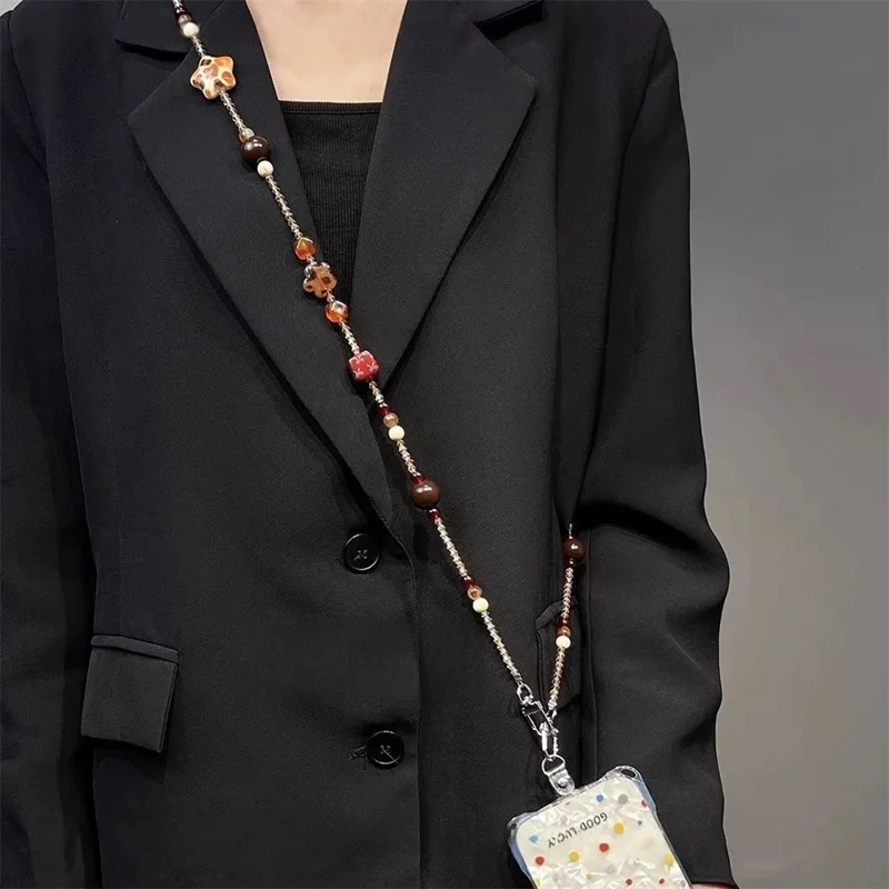 120cm Phone Lanyard Beaded Chain Strap Vintage Crossbody Mobile Phone Necklace Rope with Tether Tab - Black Beads / Grid Squares