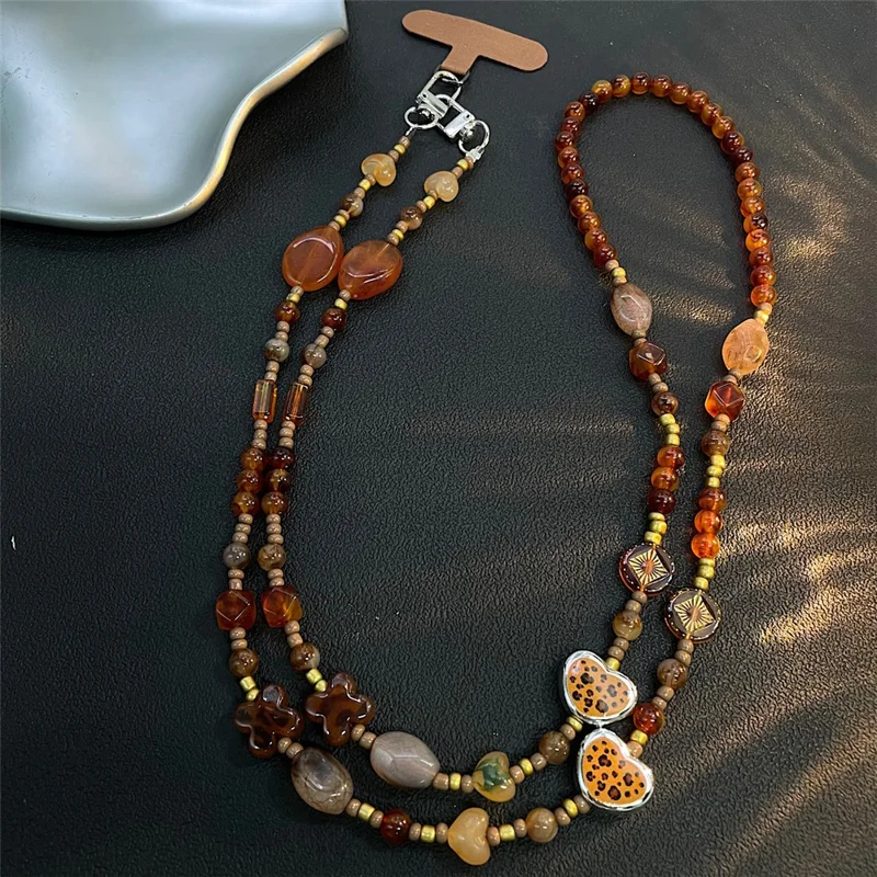 120 cm Vintage-Handygurt mit Perlen, Umhängeschlaufe, Handykette, Taschengurt mit Verbindungsklammer – Leopard