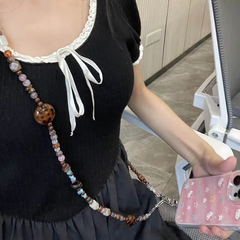 120 cm Vintage-Handygurt mit Perlen, Umhängeschlaufe, Handykette, Taschengurt mit Verbindungsklammer – Leopard