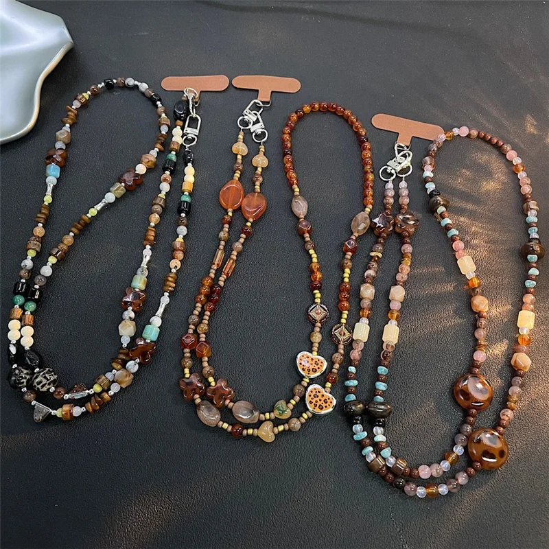 120 cm Vintage-Handygurt mit Perlen, Umhängeschlaufe, Handykette, Taschengurt mit Verbindungsklammer – Leopard