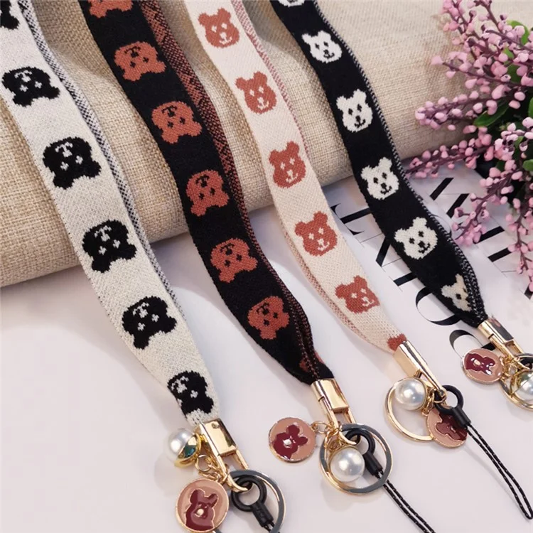 Mobile Phone Lanyard Bear Prints Cotton Phone Strap Pendant Phone Tether Lanyard Key Chain Strap - Khaki