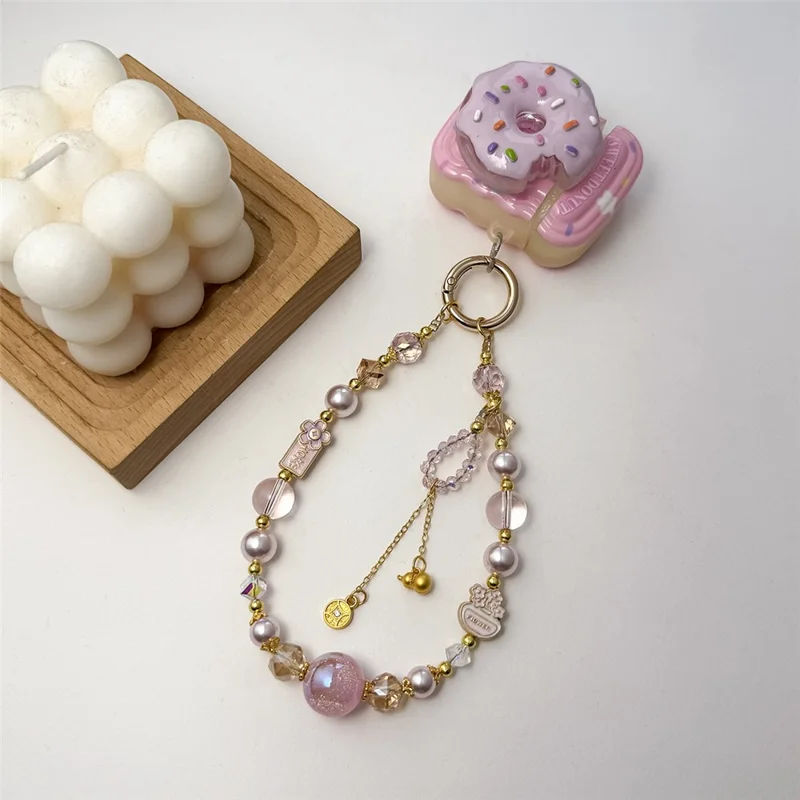 A1177 Sangle de téléphone 30 cm Sangle perlée en cristal et perle Chaîne de téléphone décorative avec crochet métallique et carte blanche amovible - Rose