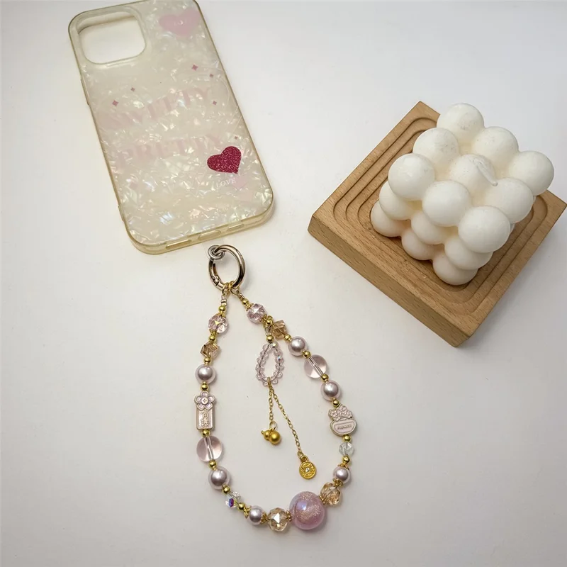 A1177 Sangle de téléphone 30 cm Sangle perlée en cristal et perle Chaîne de téléphone décorative avec crochet métallique et carte blanche amovible - Rose