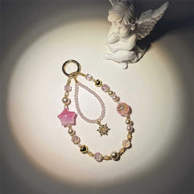 A1184 30cm Phone Strap Snowflake Star Charm Chain Crystal Metal Spring Hook Beaded Phone Lanyard with Removable Blank White Card - Pink