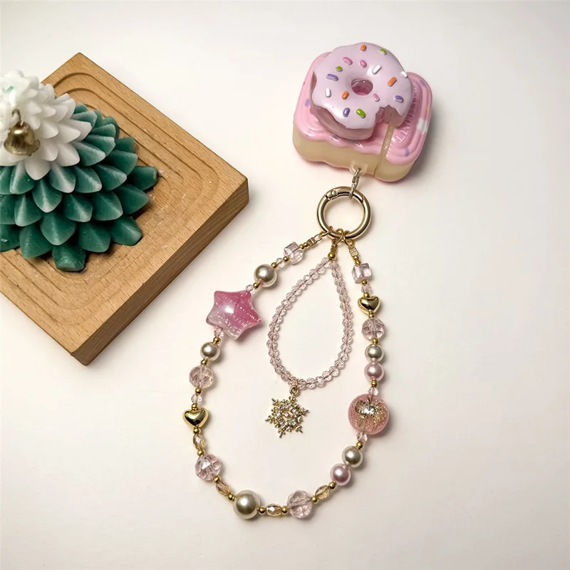 A1184 30cm Phone Strap Snowflake Star Charm Chain Crystal Metal Spring Hook Beaded Phone Lanyard with Removable Blank White Card - Pink