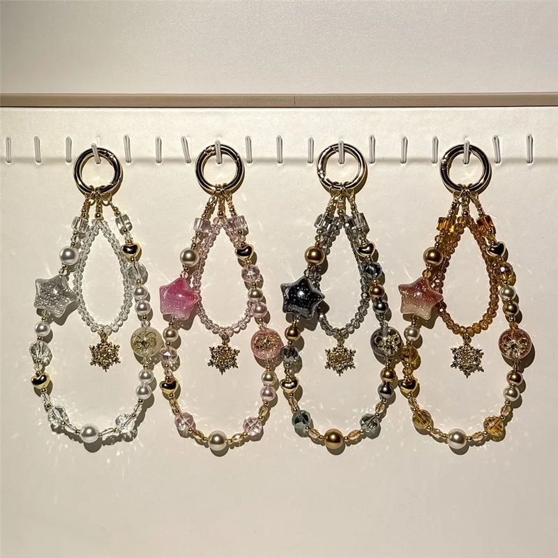 A1184 30cm Phone Strap Snowflake Star Charm Chain Crystal Metal Spring Hook Beaded Phone Lanyard with Removable Blank White Card - Pink