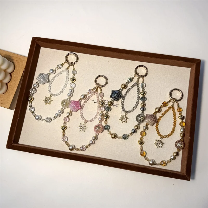 A1184 30cm Phone Strap Snowflake Star Charm Chain Crystal Metal Spring Hook Beaded Phone Lanyard with Removable Blank White Card - Pink
