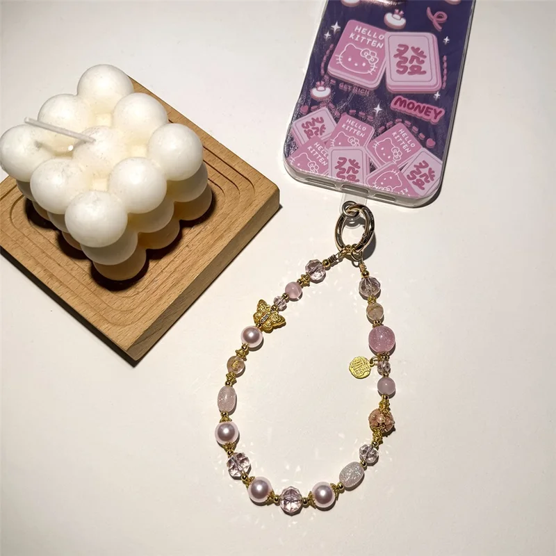 A1194 30cm Phone Strap Crystal Butterfly Charm Beaded Chain Wrist Lanyard with Removable Blank White Card Phone Accessory - Pink