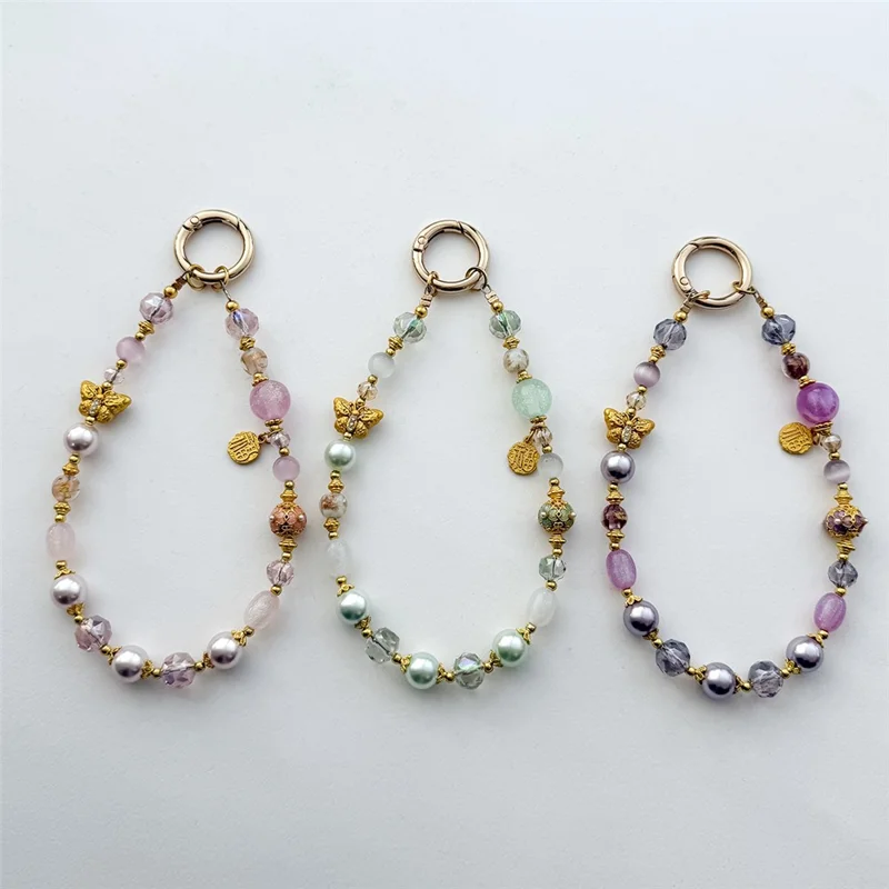A1194 30cm Phone Strap Crystal Butterfly Charm Beaded Chain Wrist Lanyard with Removable Blank White Card Phone Accessory - Pink