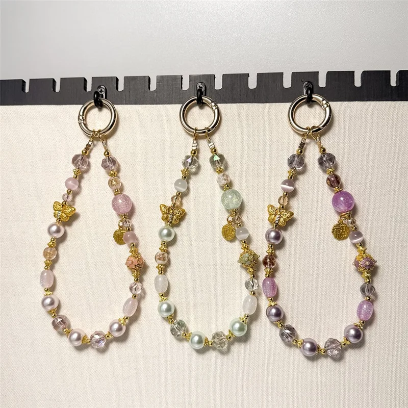 A1194 30cm Phone Strap Crystal Butterfly Charm Beaded Chain Wrist Lanyard with Removable Blank White Card Phone Accessory - Pink