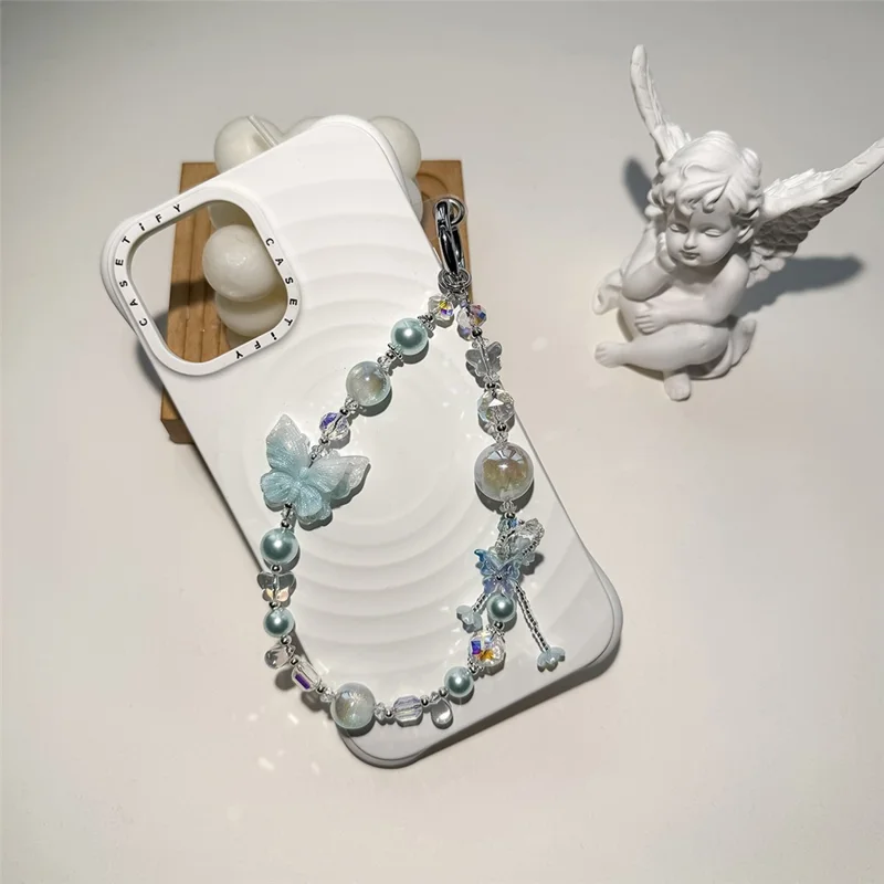 A1203 30cm Portachiavi con Ciondolo Farfalla, Laccetto per Telefono con Perline Bicolori e Cristalli, con Cartolina Bianca Rimovibile - Blu