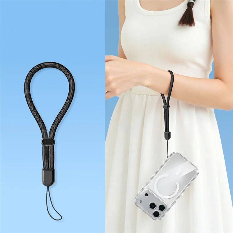 Llavero para Teléfono de 30 cm, Cuerda de Poliéster de 6 mm, Correa de Muñeca con Cierre Automático y Protección Cuadrada para Teléfono, Cámara, Auriculares - Negro
