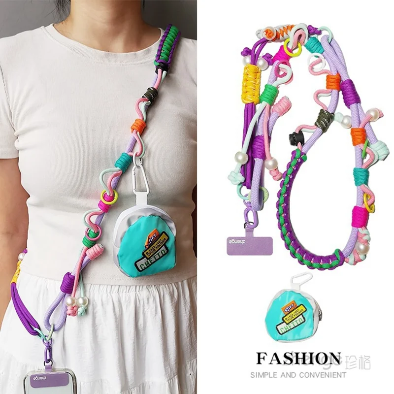 120cm Phone Strap 3-in-1 Adjustable Crossbody Woven Lanyard Neck Strap with Pouch / Tether Tab for Mobile Phone
