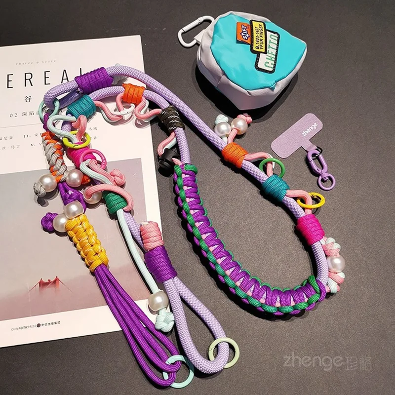 120cm Phone Strap 3-in-1 Adjustable Crossbody Woven Lanyard Neck Strap with Pouch / Tether Tab for Mobile Phone
