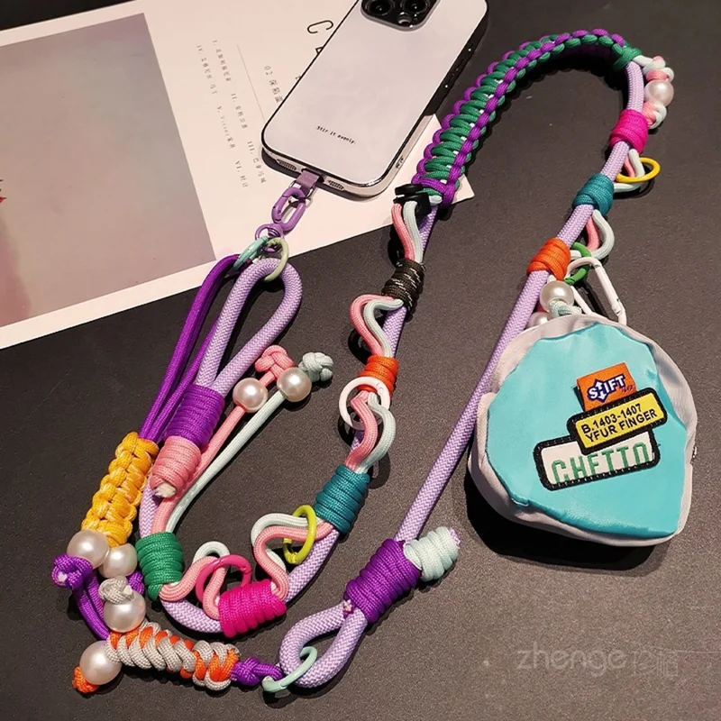 120cm Phone Strap 3-in-1 Adjustable Crossbody Woven Lanyard Neck Strap with Pouch / Tether Tab for Mobile Phone