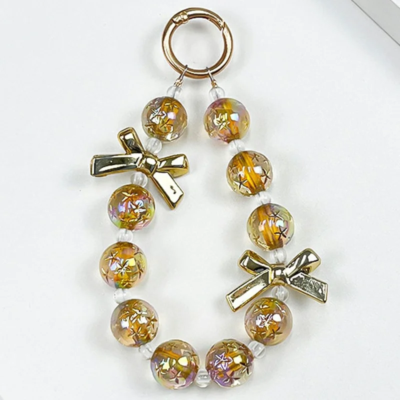 12cm Starry Bow Crystal Phone Chain Keychain Charm Iridescent Beads Wrist Strap with Tether Tab - Gold