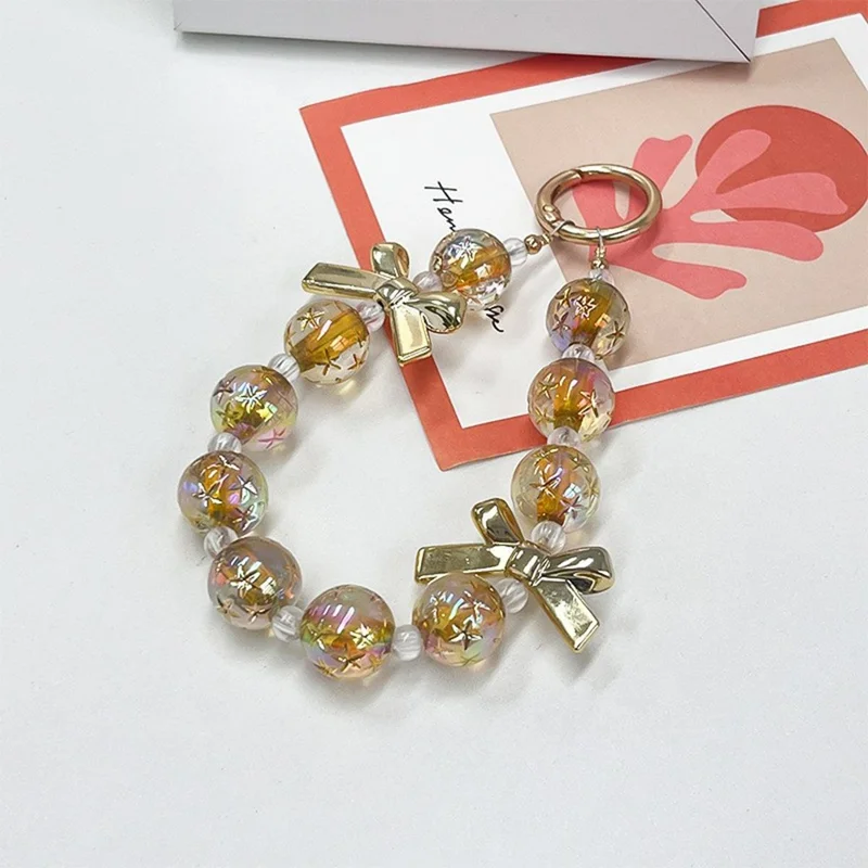 12cm Starry Bow Crystal Phone Chain Keychain Charm Iridescent Beads Wrist Strap with Tether Tab - Gold
