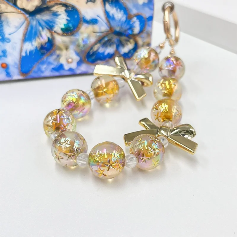 12cm Starry Bow Crystal Phone Chain Keychain Charm Iridescent Beads Wrist Strap with Tether Tab - Gold