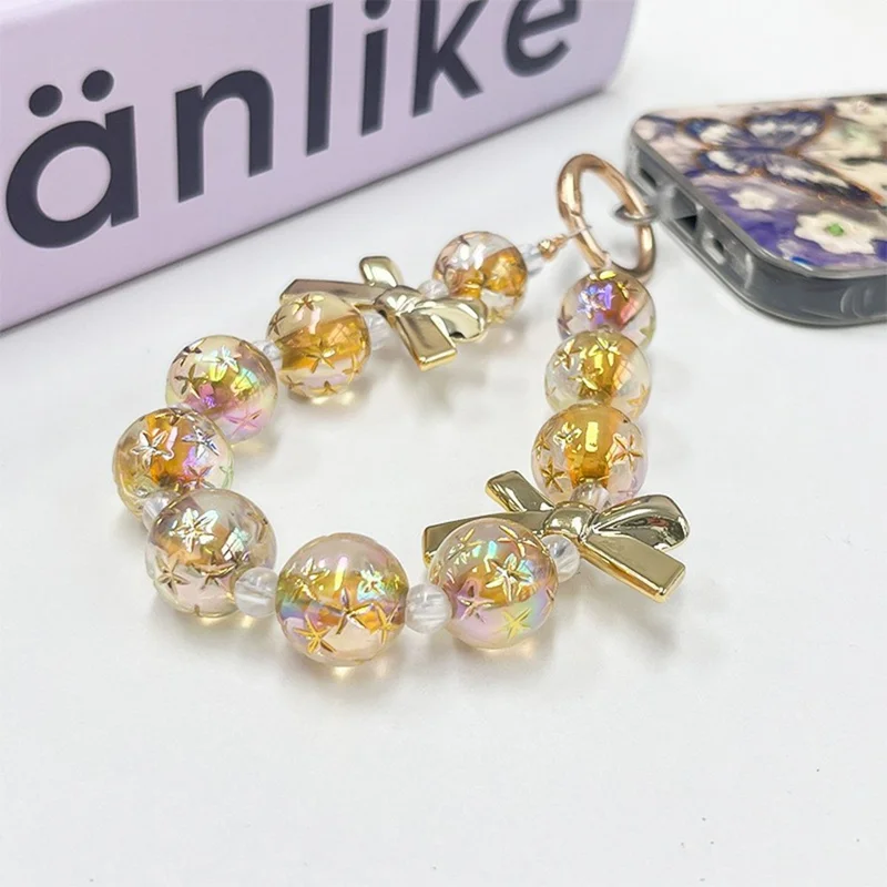 12cm Starry Bow Crystal Phone Chain Keychain Charm Iridescent Beads Wrist Strap with Tether Tab - Gold