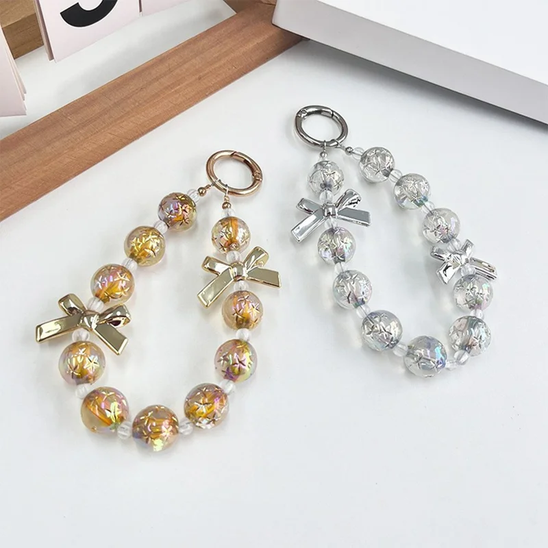 12cm Starry Bow Crystal Phone Chain Keychain Charm Iridescent Beads Wrist Strap with Tether Tab - Gold