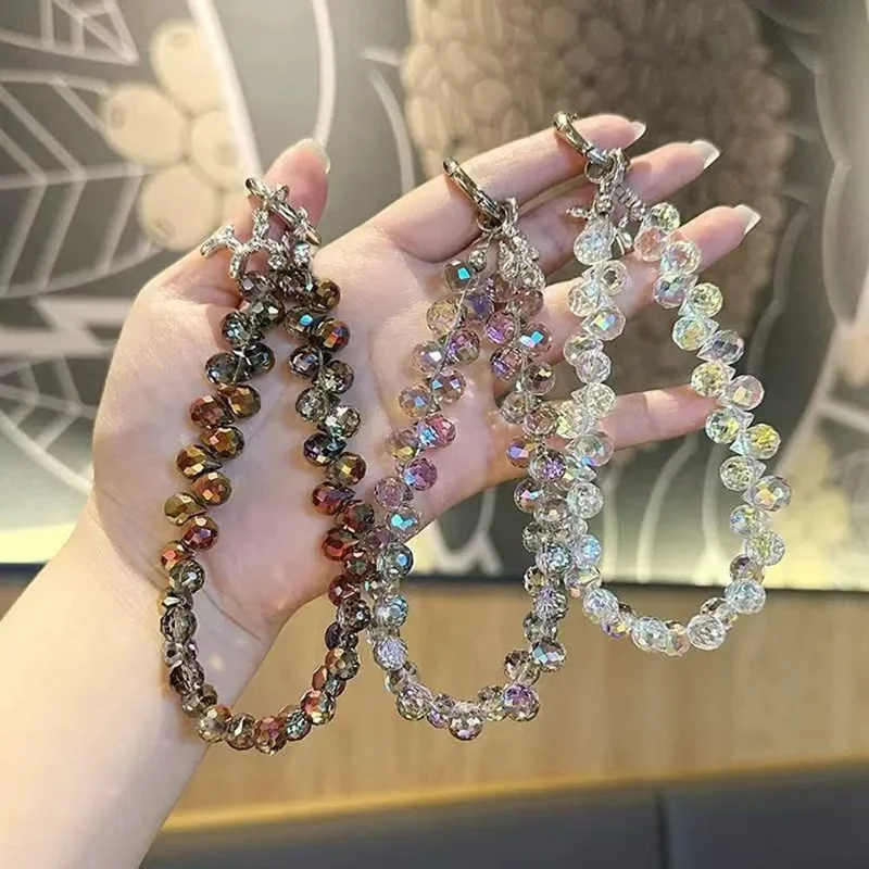 17cm Crystal Beaded Phone Lanyard Wrist Strap Keychain Charm Short Chain with Dog Pendant / Tether Tab - White