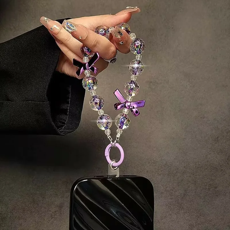17cm Purple Bow Beaded Phone Strap Wrist Lanyard Chain Charm Accessory with Ring Holder / Tether Tab