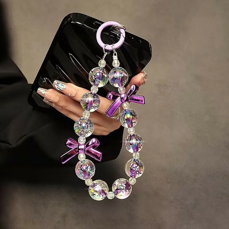 17cm Purple Bow Beaded Phone Strap Wrist Lanyard Chain Charm Accessory with Ring Holder / Tether Tab