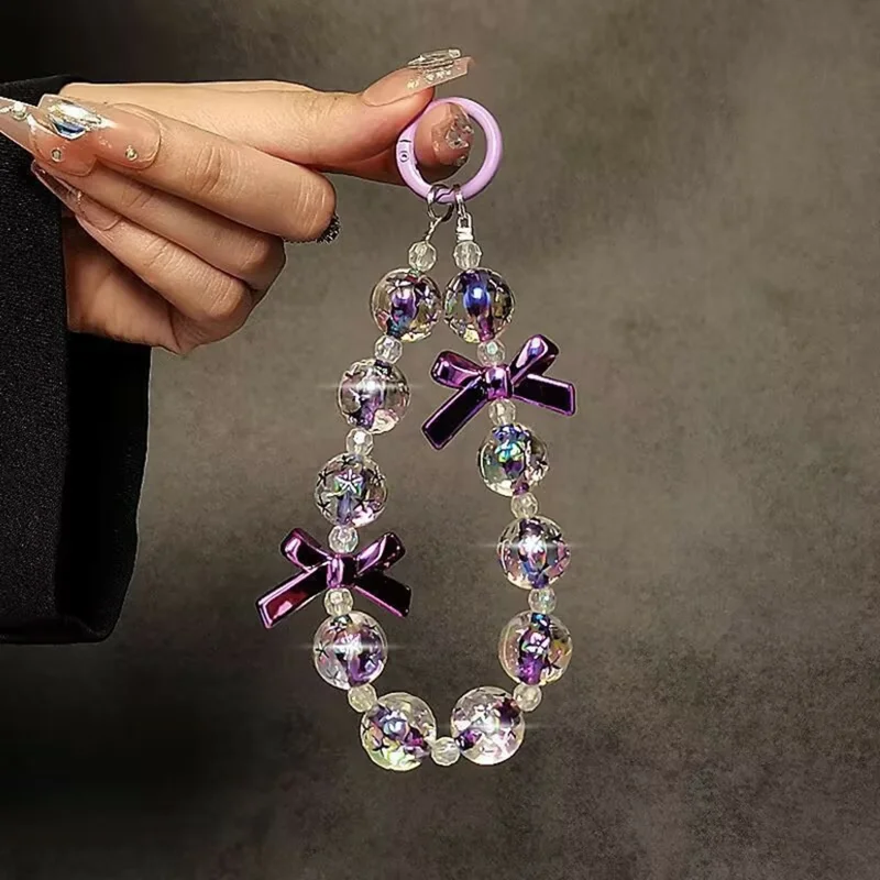 17cm Purple Bow Beaded Phone Strap Wrist Lanyard Chain Charm Accessory with Ring Holder / Tether Tab
