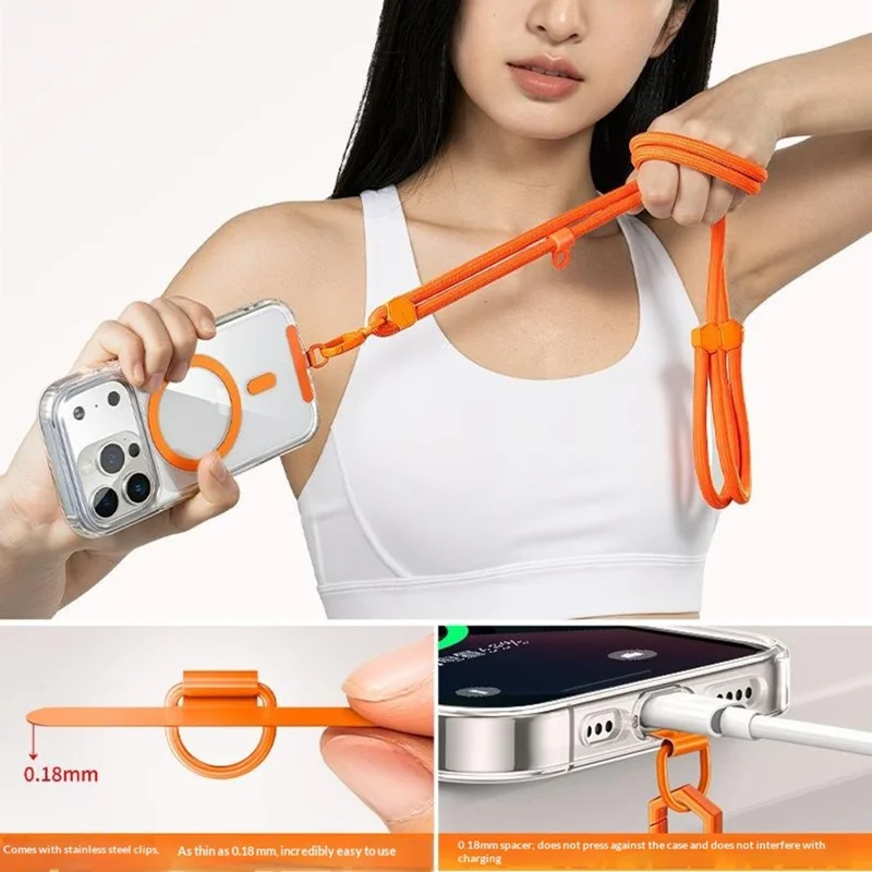 150cm Phone Lanyard Neck Strap Adjustable Crossbody Cord with Stainless Steel Tether Tab - Orange