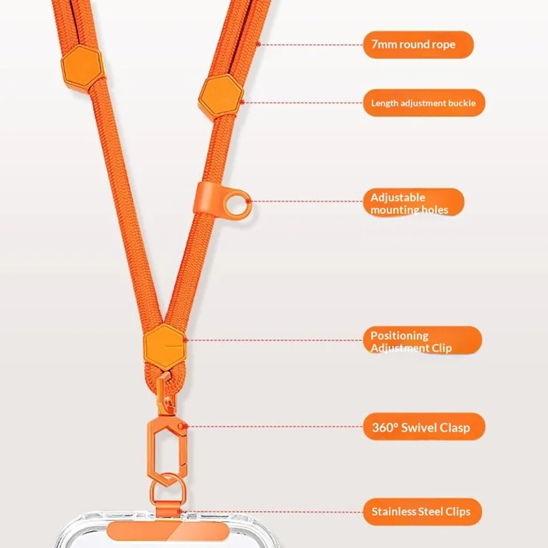150cm Phone Lanyard Neck Strap Adjustable Crossbody Cord with Stainless Steel Tether Tab - Orange