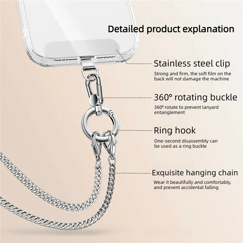 120cm Rotatable Metal Chain Phone Lanyard Crossbody Neck Strap with Tether Tab - Silver