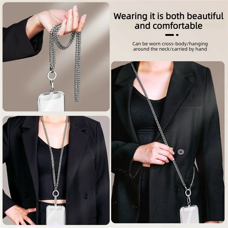 120cm Rotatable Metal Chain Phone Lanyard Crossbody Neck Strap with Tether Tab - Silver