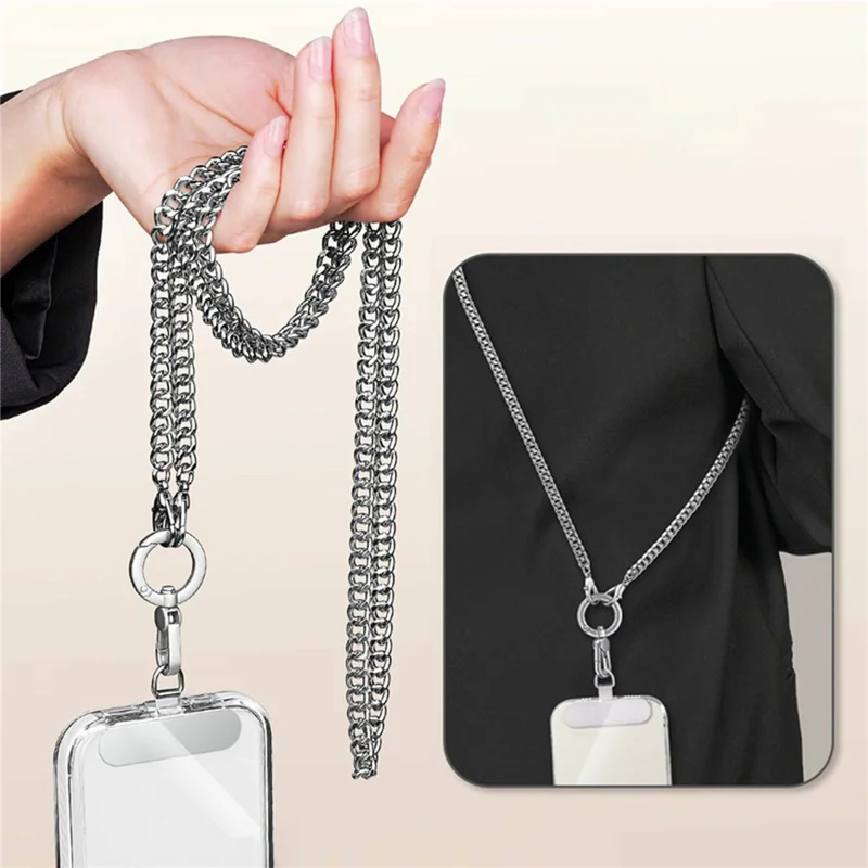 120cm Rotatable Metal Chain Phone Lanyard Crossbody Neck Strap with Tether Tab - Silver
