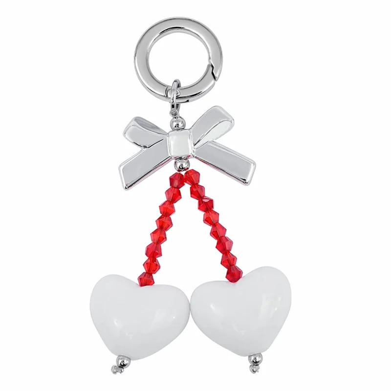 9.5cm Bow Heart Charm Phone Strap Acrylic Crystal Beads Keychain Ring for Mobile Bag Accessory - White