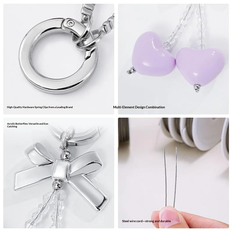 9.5cm Bow Heart Charm Phone Strap Acrylic Crystal Beads Keychain Ring for Mobile Bag Accessory - White
