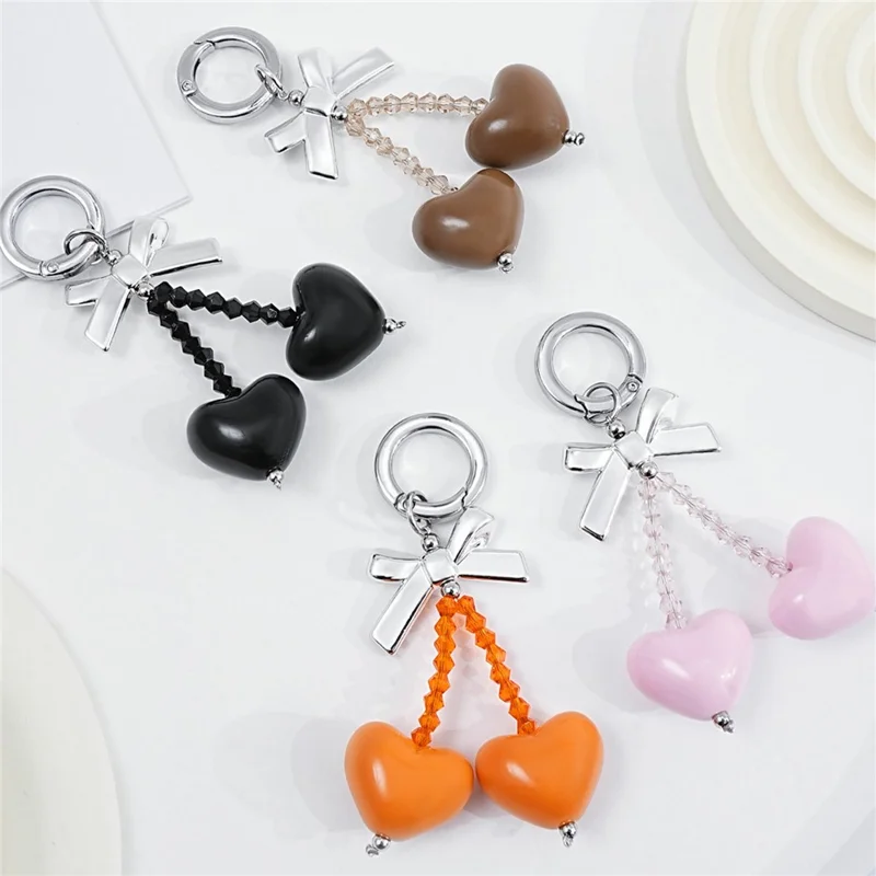 9.5cm Bow Heart Charm Phone Strap Acrylic Crystal Beads Keychain Ring for Mobile Bag Accessory - White