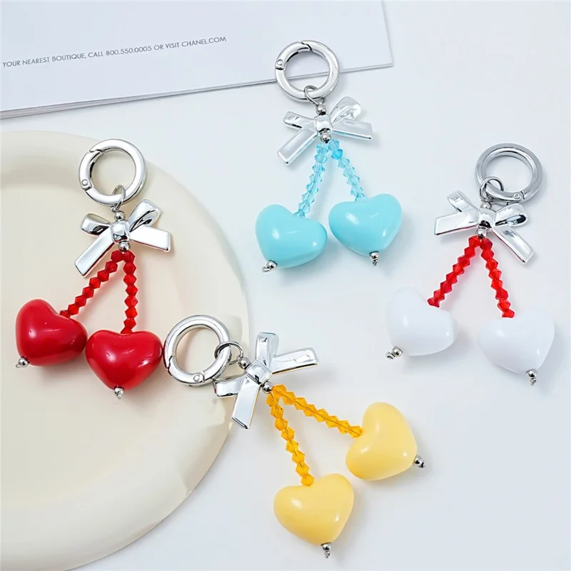 9.5cm Bow Heart Charm Phone Strap Acrylic Crystal Beads Keychain Ring for Mobile Bag Accessory - White
