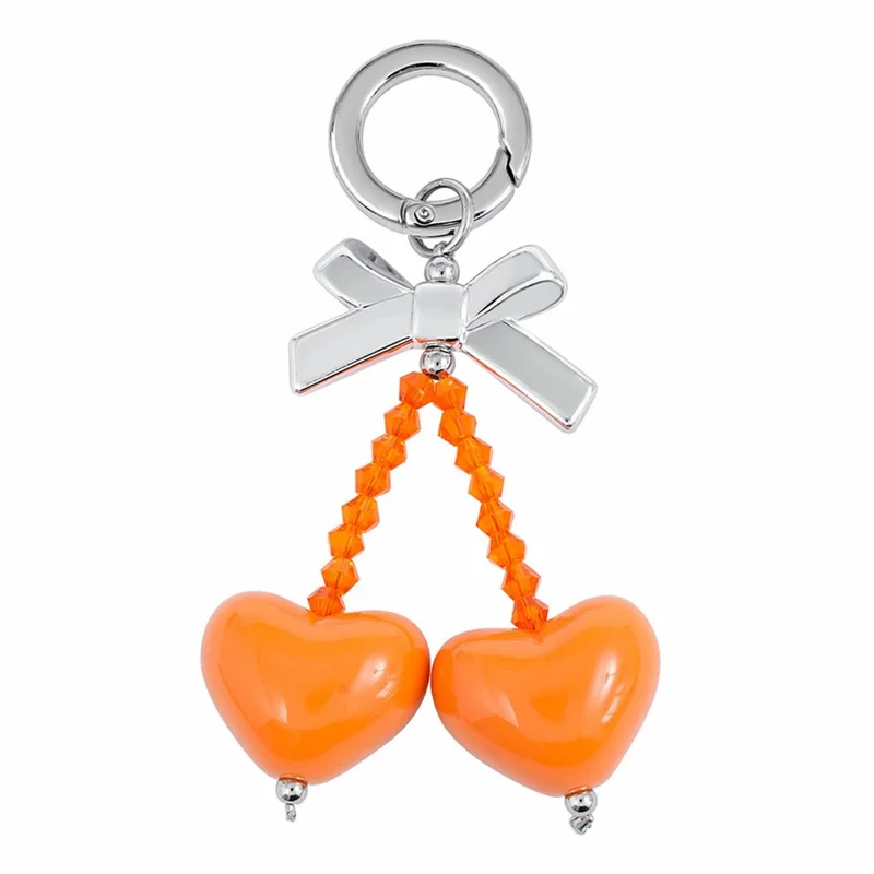 9.5cm Bow Heart Charm Phone Strap Acrylic Crystal Beads Keychain Ring for Mobile Bag Accessory - Orange