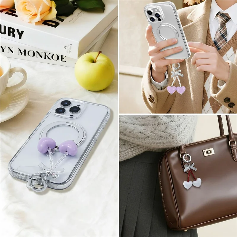 9.5cm Bow Heart Charm Phone Strap Acrylic Crystal Beads Keychain Ring for Mobile Bag Accessory - Orange