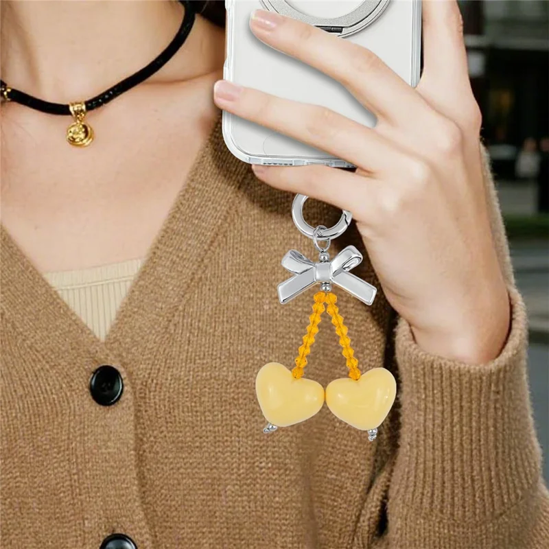 9.5cm Bow Heart Charm Phone Strap Acrylic Crystal Beads Keychain Ring for Mobile Bag Accessory - Orange