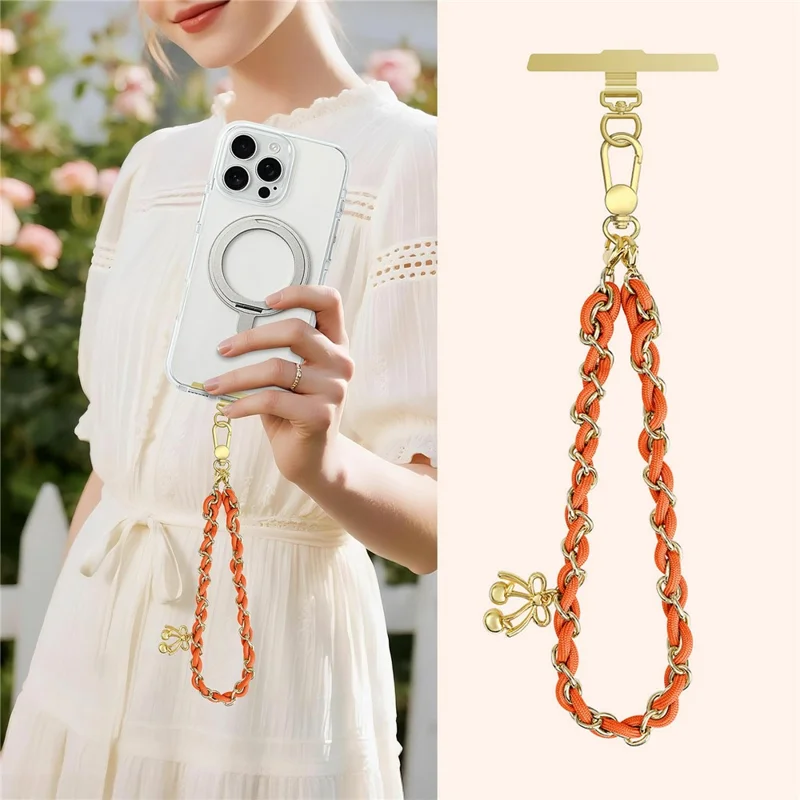 16cm Phone Strap Metal Braided Polyester Lanyard Detachable Wrist Chain with Bow Charm / Tether Tab - Orange