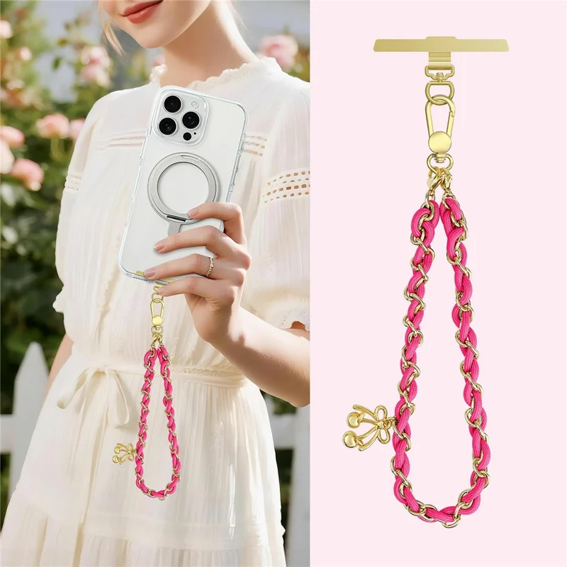 16cm Phone Strap Metal Braided Polyester Lanyard Detachable Wrist Chain with Bow Charm / Tether Tab - Dragon Fruit Red