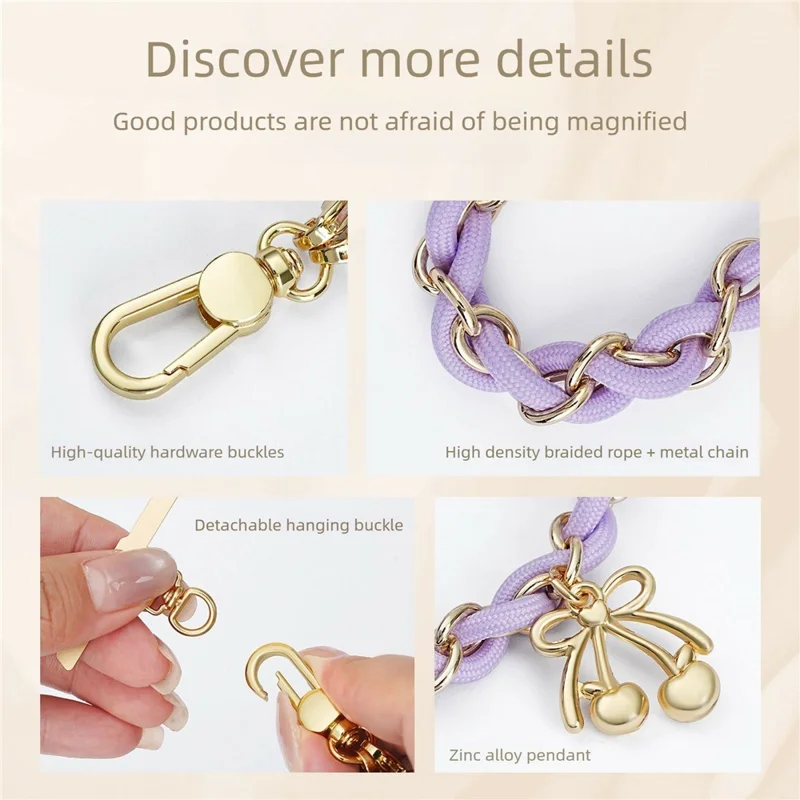 16cm Phone Strap Metal Braided Polyester Lanyard Detachable Wrist Chain with Bow Charm / Tether Tab - Dragon Fruit Red
