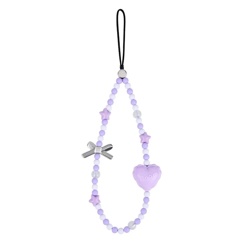 Llavero de Teléfono con Cuentas de 17 cm con Colgante de Estrella, Lazos y Corazón, Correa de Muñeca Antipérdida, Cadena Estética