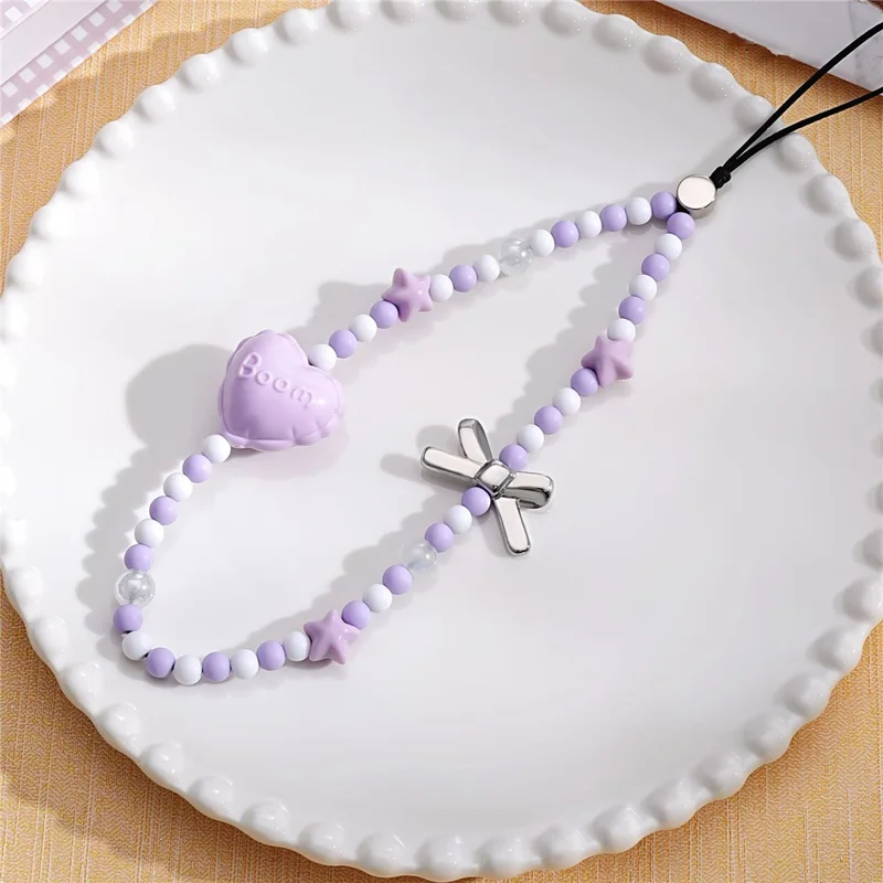 Llavero de Teléfono con Cuentas de 17 cm con Colgante de Estrella, Lazos y Corazón, Correa de Muñeca Antipérdida, Cadena Estética