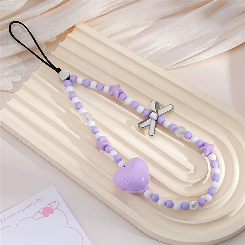 Llavero de Teléfono con Cuentas de 17 cm con Colgante de Estrella, Lazos y Corazón, Correa de Muñeca Antipérdida, Cadena Estética
