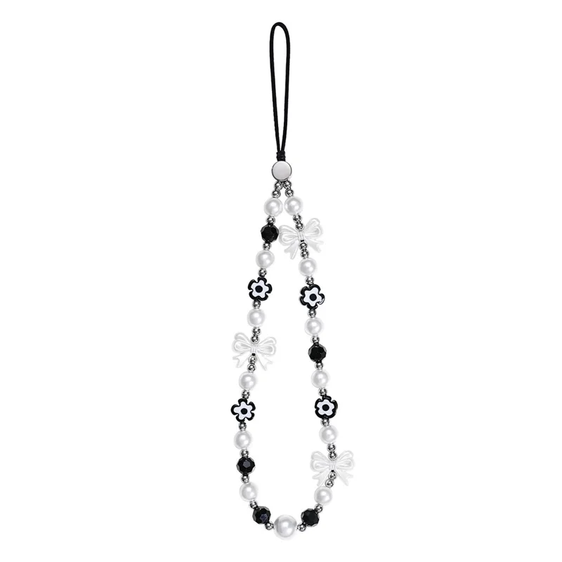 17cm Black White Phone Chain Pearl Bow Flower Charm Anti-Lost Wrist Strap Lanyard