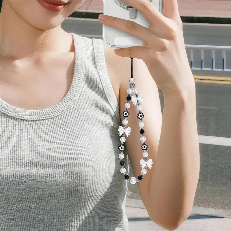 17cm Black White Phone Chain Pearl Bow Flower Charm Anti-Lost Wrist Strap Lanyard
