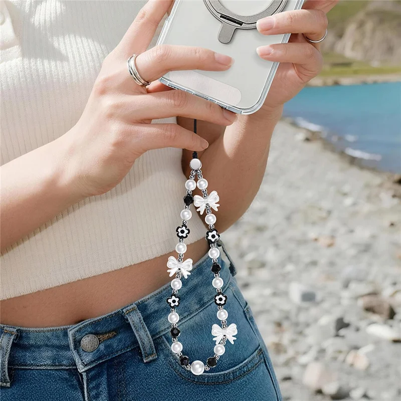 17cm Black White Phone Chain Pearl Bow Flower Charm Anti-Lost Wrist Strap Lanyard